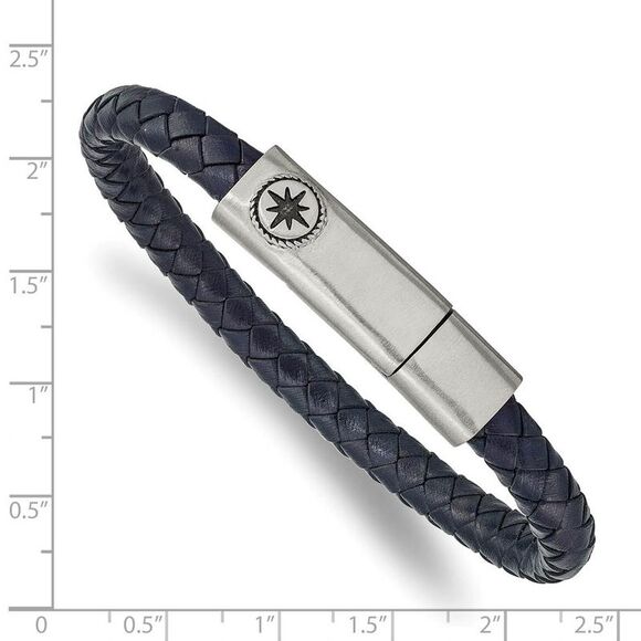 Stainless Steel & Blue Leather Antiqued Compass I.D. Bracelet, 8 Inch - Picture 4 of 5